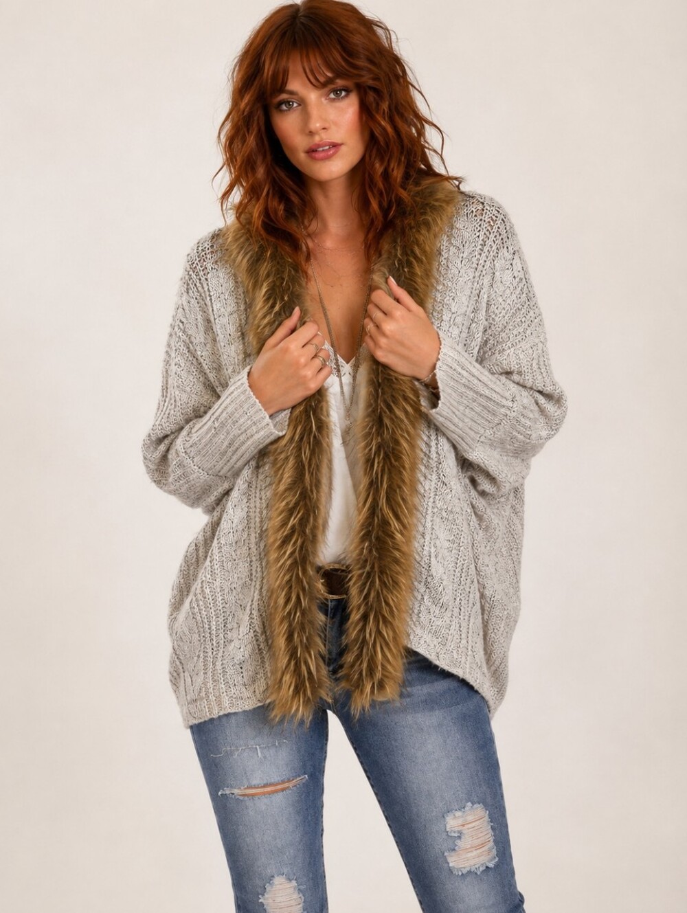 Military Hippie "Felicity" Faux Fur Trim Batwing Knit Cardigan OSFM